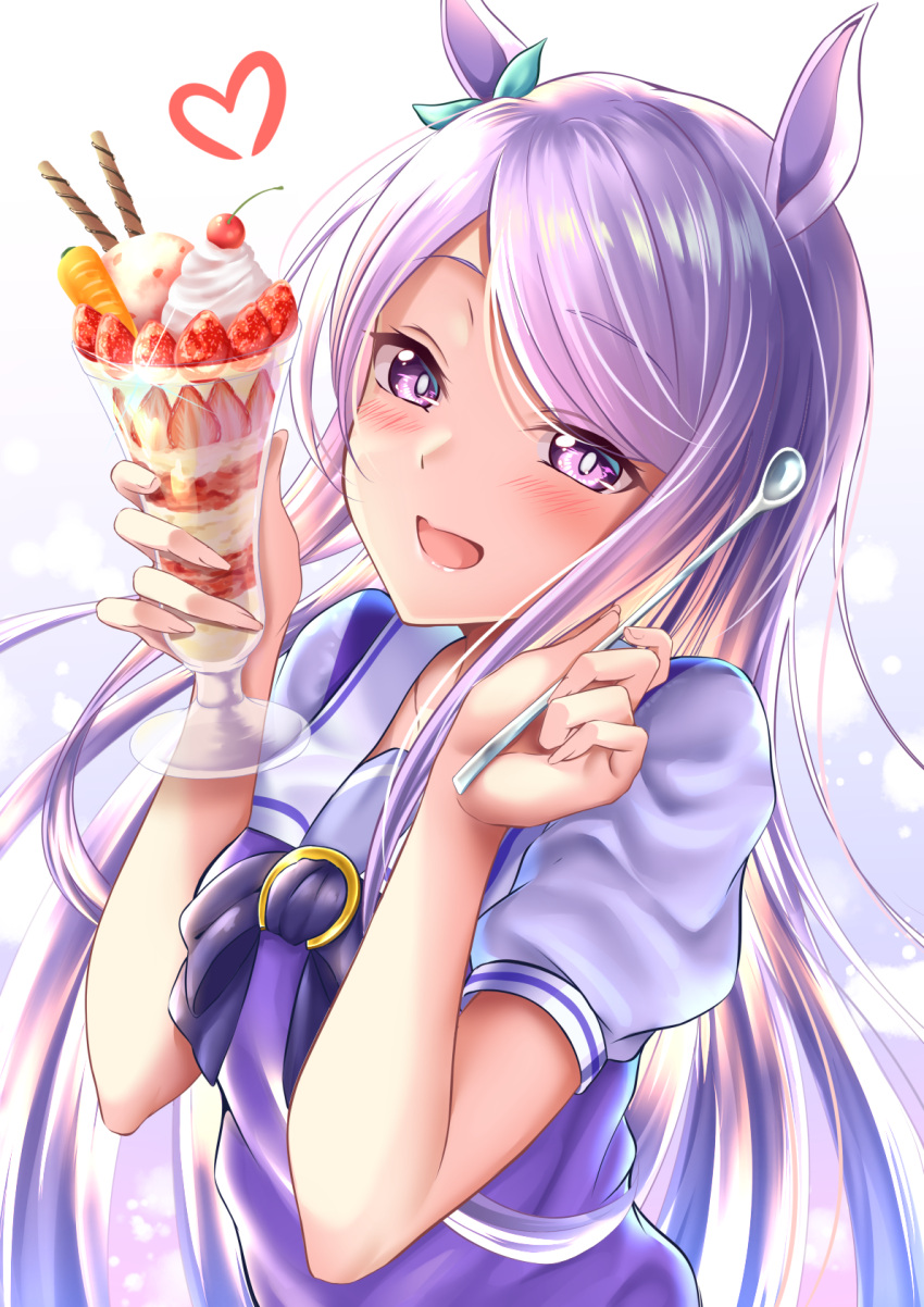 animal_ears blue_bow bow bowtie carrot cherry commentary_request eyes_visible_through_hair female food fruit gradient_background hairbow hands_up heart highres holding holding_food holding_spoon horse_ears horse_girl horseshoe horseshoe_ornament ice_cream light_blush light_particles long_hair looking_at_viewer mejiro_mcqueen_(umamusume) open_mouth pink_eyes pink_hair puffy_short_sleeves puffy_sleeves purple_bow purple_hair purple_shirt rairaisuruyo sailor_collar sailor_shirt school_uniform shirt short_sleeves smile solo spoon strawberry summer_uniform sundae swept_bangs tracen_school_uniform umamusume upper_body whipped_cream white_background