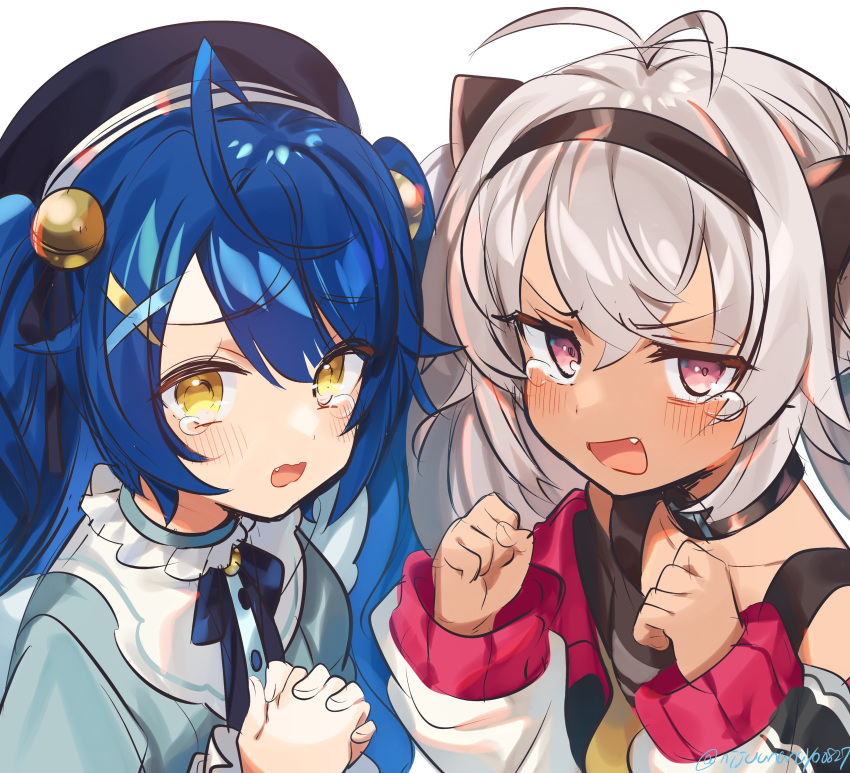 2girls absurdres ahoge amamiya_kokoro animal_ears antenna_hair bell beret black_collar black_hairband blue_hair blush cat_ears clenched_hands collar commentary fake_animal_ears frilled_collar frills grey_hair hair_bell hair_ornament hairband hat highres jingle_bell long_hair looking_at_viewer matsukai_mao matsukai_mao_(1st_costume) multiple_girls neck_ribbon nijisanji ninahachi oerba_yun_fang off-shoulder_shirt off_shoulder open_mouth own_hands_together pink_eyes ribbon shirt simple_background symbol-only_commentary tearing_up twintails twitter_username upper_body virtual_youtuber wavy_mouth x_hair_ornament yellow_eyes