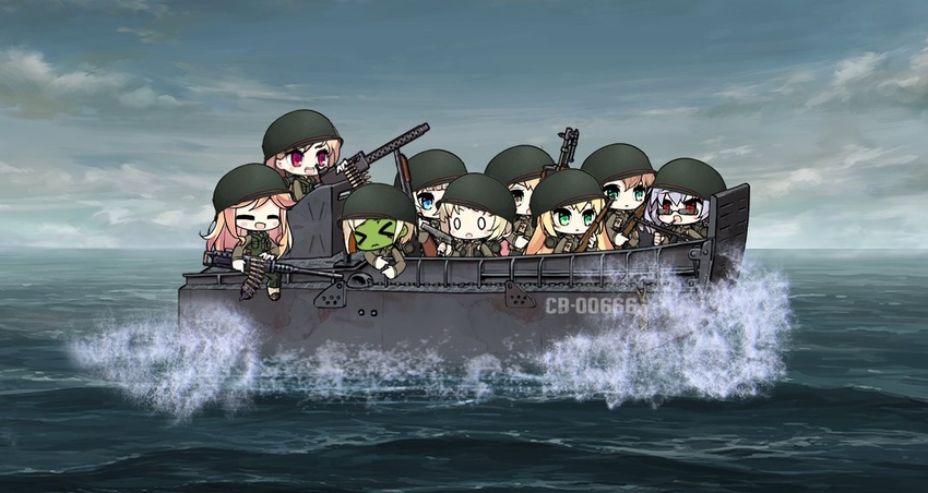 >_< 6+girls army boat character_request chibi closed_eyes commentary d-day english_commentary girls'_frontline gun hat helmet korean_commentary landing_craft m1897_(girls'_frontline) m1911_(girls'_frontline) m1918_(girls'_frontline) m1919a4_(girls'_frontline) m1_garand_(girls'_frontline) m2hb_(girls'_frontline) m3_(girls'_frontline) machine_gun military military_hat military_uniform multiple_girls ocean outdoors rifle saru_(style) seasick springfield_(girls'_frontline) submachine_gun sunglasses the_mad_mimic thompson_(girls'_frontline) uniform war watercraft weapon world_war_ii