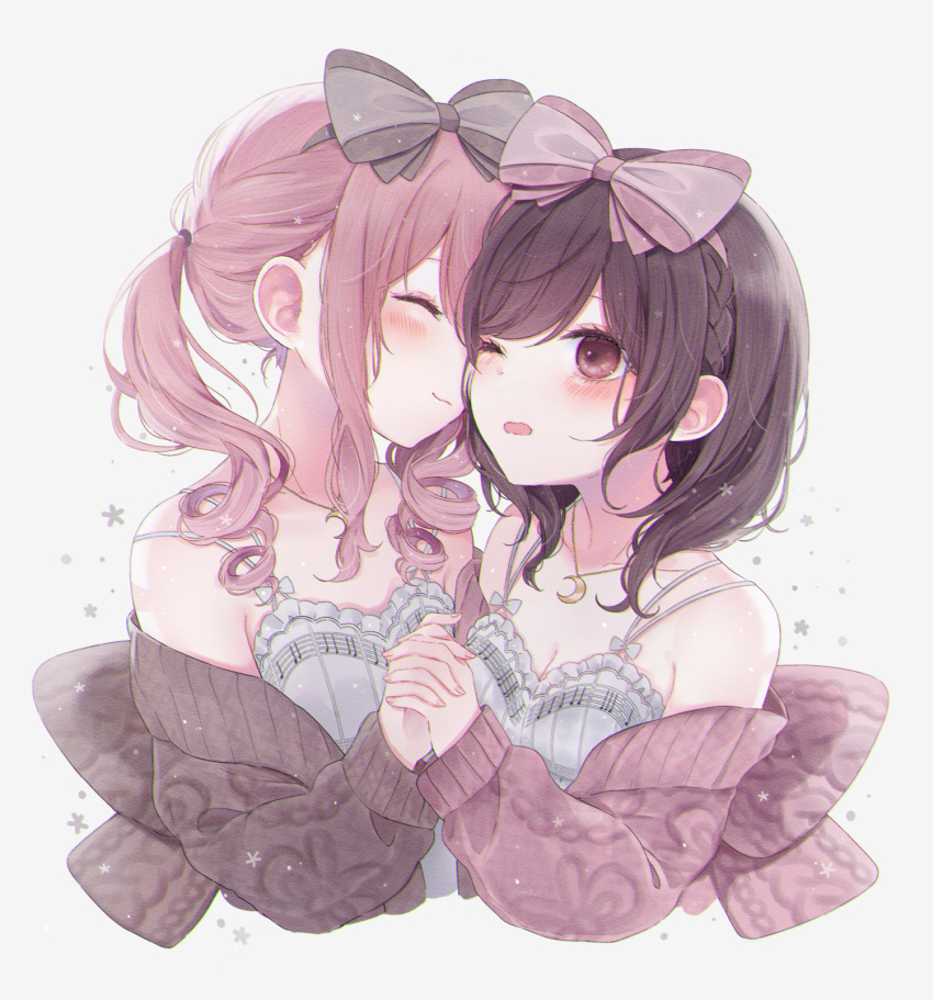 1other ^_^ akiyama_mizuki anmin_dreamingribbon_(project_sekai) bad_id bad_pixiv_id blush bow braid breasts brown_bow brown_eyes brown_hair brown_sweater cleavage closed_eyes closed_mouth crescent crescent_necklace crown_braid dress female frilled_dress frills grey_background grey_dress hair_between_eyes hairbow happy heads_together highres holding_hands interlocked_fingers jewelry matching_outfits medium_hair musical_staff_print necklace one_eye_closed open_mouth pink_bow pink_hair pink_sweater project_sekai reverse_palettes ringlets shinonome_ena sidelocks simple_background sionoe sleeveless sleeveless_dress small_breasts spaghetti_strap sweater swept_bangs twintails upper_body wavy_mouth