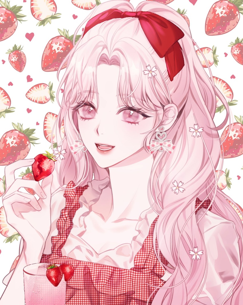 apron bow bow_earrings collarbone drink earrings female food fruit hairband highres holding holding_food holding_fruit jewelry looking_at_viewer open_mouth original parted_bangs pink_eyes pink_hair pink_theme red_hairband smile solo strawberry strawberry_background teeth yoriwang8990