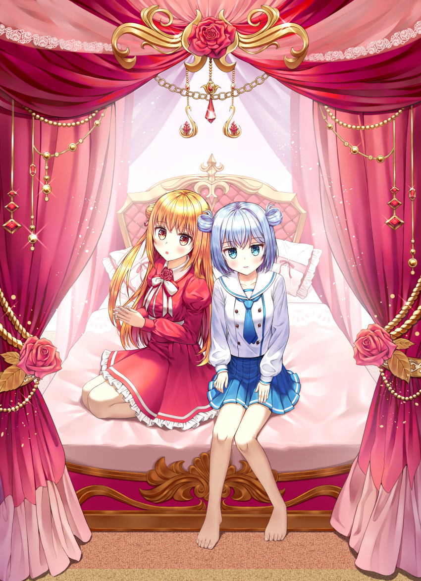 2girls absurdres assassins_pride barefoot bed blonde_hair blue_eyes blue_hair blue_skirt collarbone commentary_request dress flower gem highres kneeling merida_angel multiple_girls nay on_bed red_dress red_eyes red_flower red_ribbon red_rose ribbon rose shirt short_hair skirt white_ribbon white_shirt