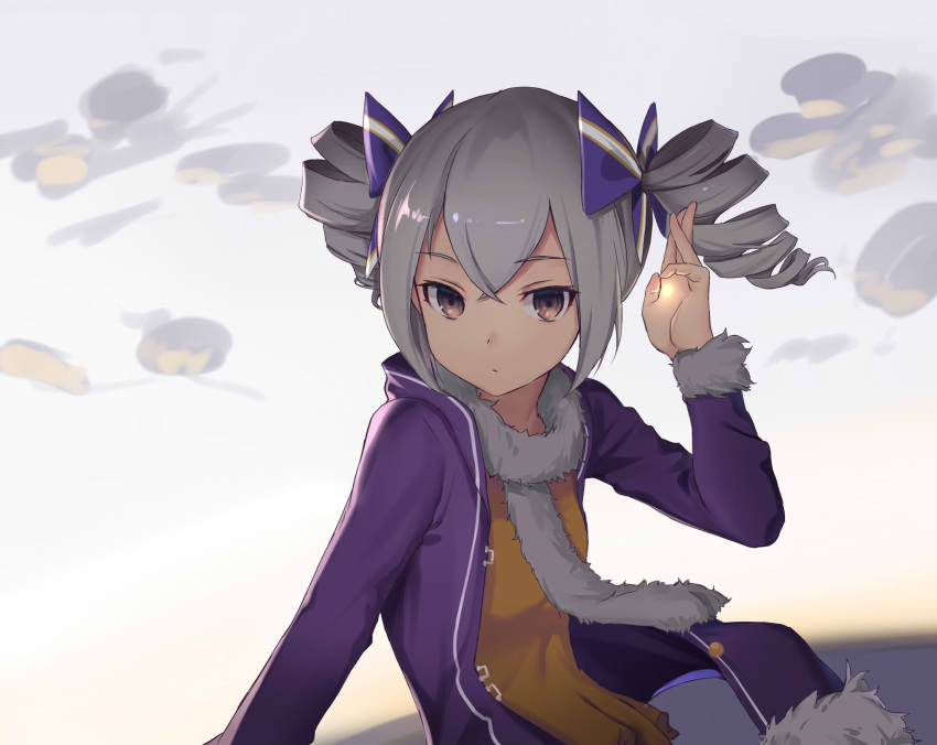 bad_id bad_pixiv_id bronya_zaychik bronya_zaychik_(snowy_sniper) closed_mouth cloud drill_hair female hands highres honkai_(series) honkai_impact_3rd jacket long_sleeves looking_at_viewer scarf shirt sky solo sunset tian_zhao_tian_dou twin_drills yellow_shirt