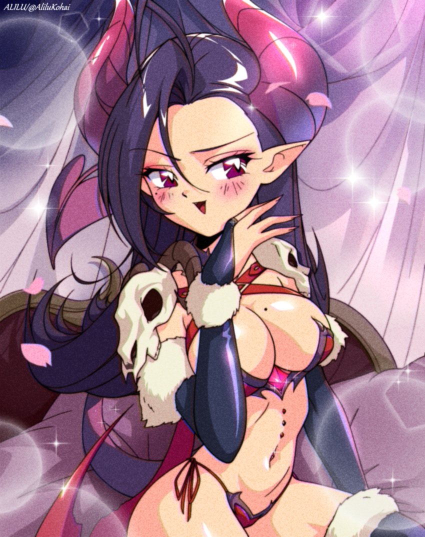 1990s_(style) absurdres ahoge alilu-chan armor bikini black_gloves blush breasts bridal_gauntlets cleavage commentary demon_girl demon_horns demon_tail elbow_gloves english_commentary female fingernails flipped_hair forehead fur_trim gem gloves hand_to_own_mouth highres horns huge_ahoge iris_lilith_vandella_carmen large_breasts laughing mole mole_on_breast mole_under_eye navel navel_piercing ojou-sama_pose pauldrons piercing pink_eyes pointy_ears purple_hair purple_horns purple_thighhighs retro_artstyle sharp_fingernails shoulder_armor side-tie_bikini_bottom skull solo swimsuit tail thighhighs twitter_username waifusplit