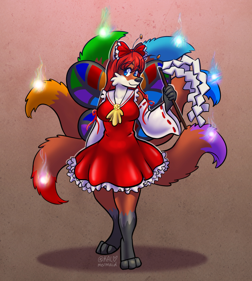 absurd_res alynna antennae_(anatomy) asian_clothing breasts canid canine clothing east_asian_clothing fairy female fox hi_res insect_wings japanese_clothing kitsunebi lepidopteran_wings mammal miko_outfit multi_tail papayamist rainbow shrine_maiden solo tail will-o'-the-wisp wings