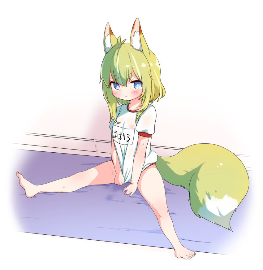 ahoge animal_ear_fluff animal_ears babalilo babalilo_(babalilo) barefoot blue_eyes blush buruma feet female fox_ears fox_girl fox_tail green_hair gym_uniform highres legs original red_buruma shirt shirt_tug short_hair short_sleeves sitting solo spread_legs tail thighs toes white_shirt