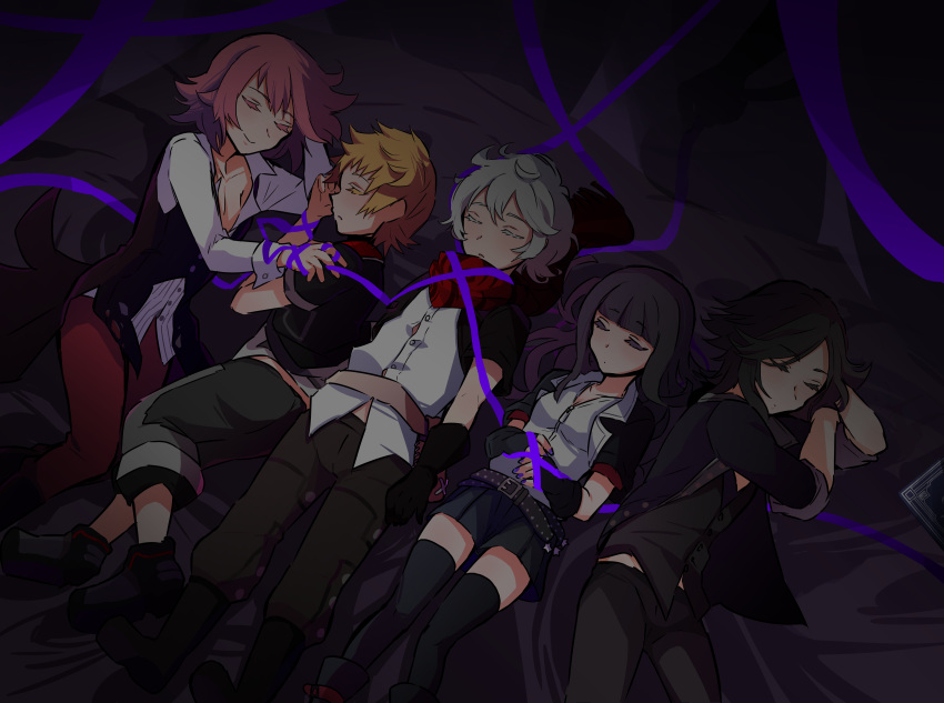 4boys absurdres bad_id bad_pixiv_id belt black_hair black_legwear blonde_hair blunt_bangs book boots brain_(kingdom_hearts) capri_pants commentary_request ephemer_(kingdom_hearts) eyelashes female fingerless_gloves gloves highres jacket kingdom_hearts kingdom_hearts_x lauriam long_hair lying mayako_(nemunemuoira) midriff multiple_boys nail_polish on_back on_ground on_side open_clothes open_shirt pants pink_hair pleated_skirt ribbon scarf skirt skuld_(kingdom_hearts) sleeping smile thighhighs ventus_(kingdom_hearts) white_hair zettai_ryouiki