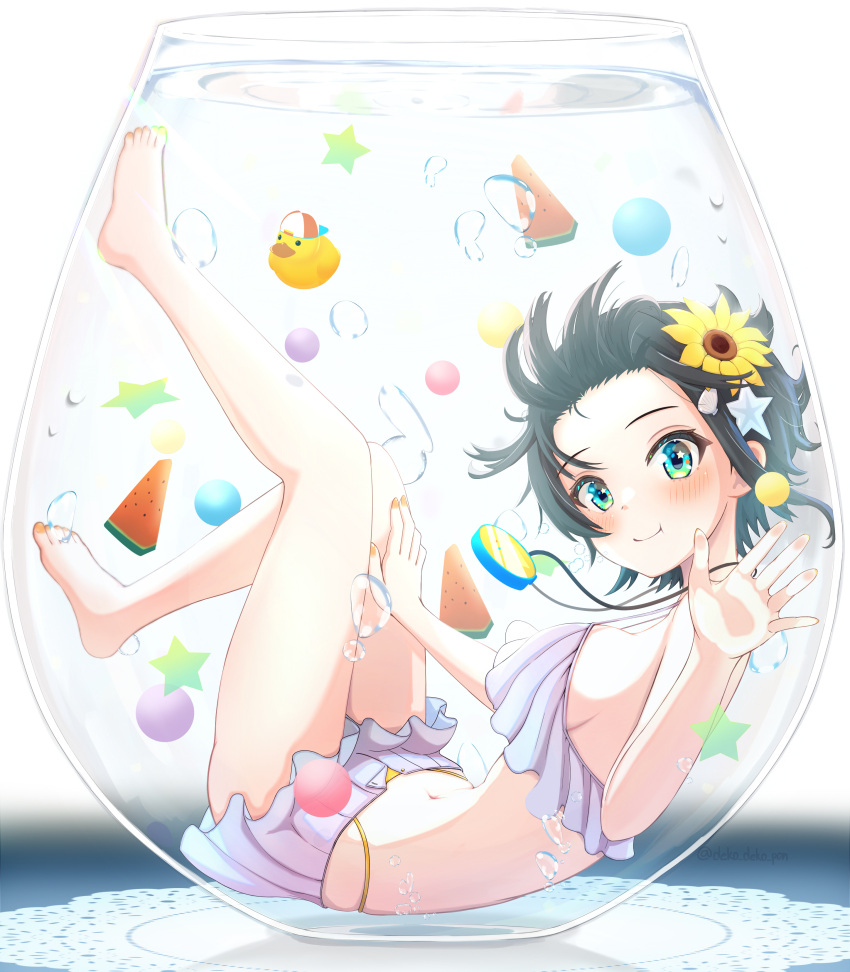 absurdres air_bubble aqua_eyes banana_de_ikopon barefoot bikini bikini_skirt black_hair bubble closed_mouth commentary_request doily feet female flower food forehead frilled_bikini frills fruit full_body grey_bikini grey_skirt hair_flower hair_ornament hand_on_glass hand_up highleg highleg_bikini highres hololive in_container knee_up leg_up legs lying miniskirt nail_polish navel on_back oozora_subaru orange_bikini orange_nails rubber_duck short_hair sidelocks skirt smile solo star_(symbol) stopwatch stopwatch_around_neck submerged swimsuit toenail_polish toenails toes twitter_username virtual_youtuber water watermelon watermelon_slice waving