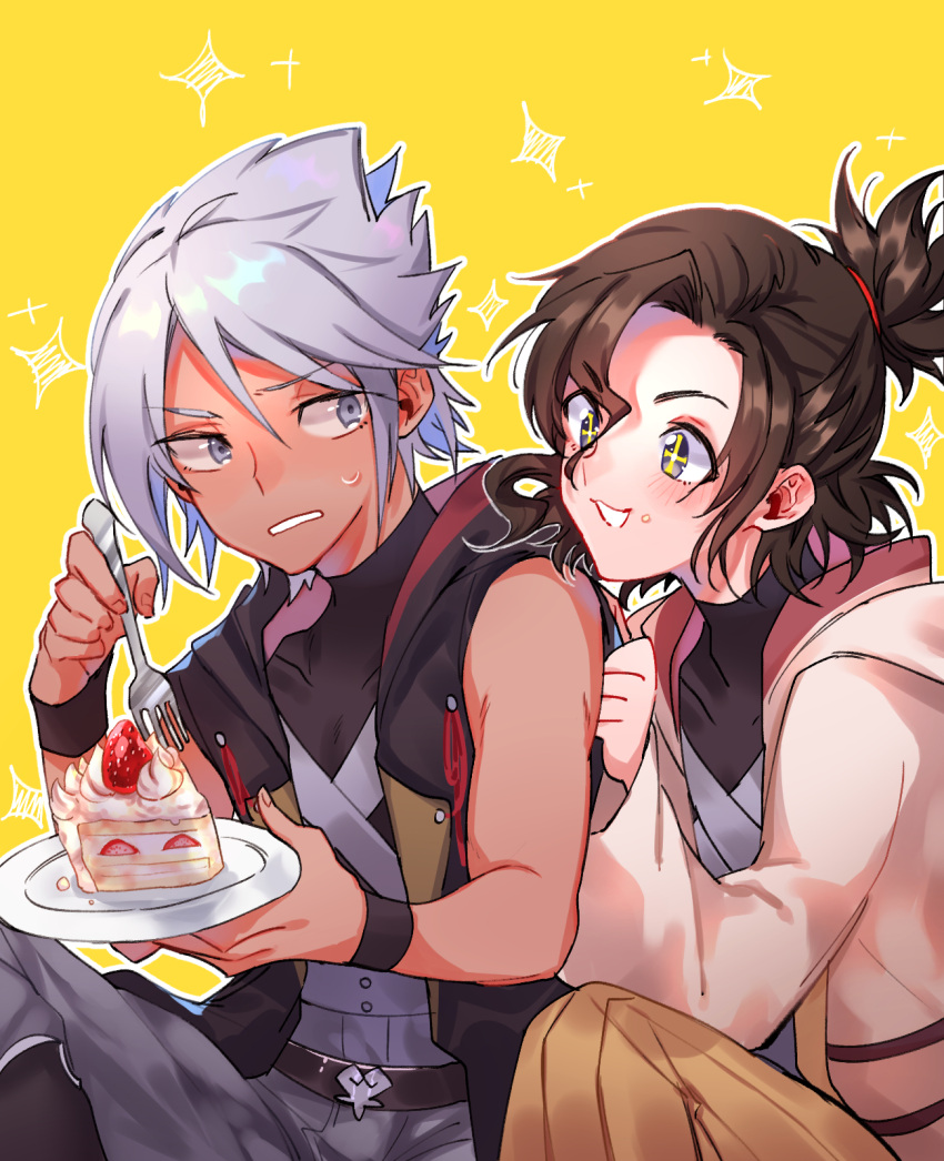 2boys aged_down belt black_eyes brown_hair cake commentary_request dark-skinned_male dark_skin eraqus food food_on_face fork fruit furrowed_brow grey_eyes grey_hair hair_between_eyes highres holding holding_fork kingdom_hearts kingdom_hearts_iii long_sleeves male_focus multiple_boys open_mouth plate simple_background sitting sleeveless sparkle_background sparkling_eyes spiked_hair strawberry strawberry_shortcake sweat wide_sleeves wristband xehanort yaoi yellow_background zakkuchan