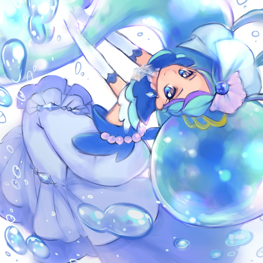 blue_dress blue_eyes blue_hair blue_theme closed_mouth cure_mermaid cure_mermaid_(mode_elegant_ice) dress earrings elbow_gloves female gloves go!_princess_precure highres jewelry kaidou_minami long_hair magical_girl mermaid_dress multicolored_hair nijigami_rin precure purple_hair simple_background smile solo streaked_hair two-tone_hair water white_background white_gloves