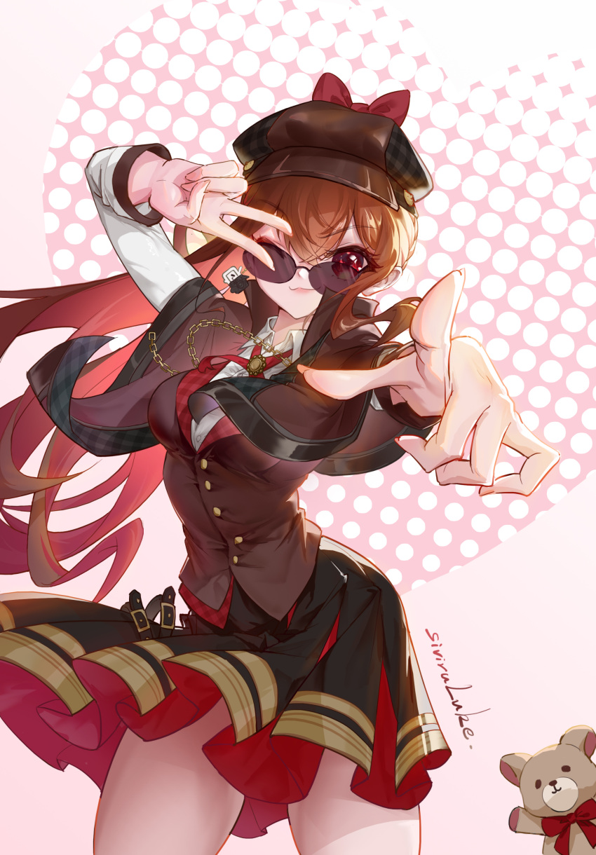 absurdres artist_name black_skirt bow brown_capelet brown_hair brown_hat brown_jacket capelet chiharu_(virtuareal) chinese_commentary female hat hat_bow highres jacket long_hair looking_at_viewer looking_over_eyewear neck_ribbon nijisanji one_eye_closed pink_background pointing red_bow red_eyes red_ribbon ribbon siviru_luke skirt smile solo stuffed_animal stuffed_toy sunglasses teddy_bear v variant_set virtual_youtuber virtuareal