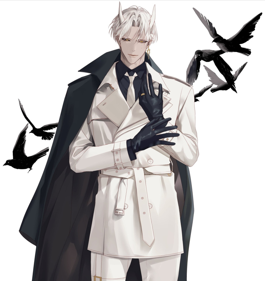 1boy bad_id bad_twitter_id bird black_bird black_gloves black_shirt coat coat_on_shoulders collared_shirt earrings gloves grey_eyes grey_hair highres horns jewelry korean_commentary looking_at_viewer male_focus necktie original parted_bangs shirt short_hair simple_background single_earring solo uniform white_background white_hair white_necktie yoriwang8990