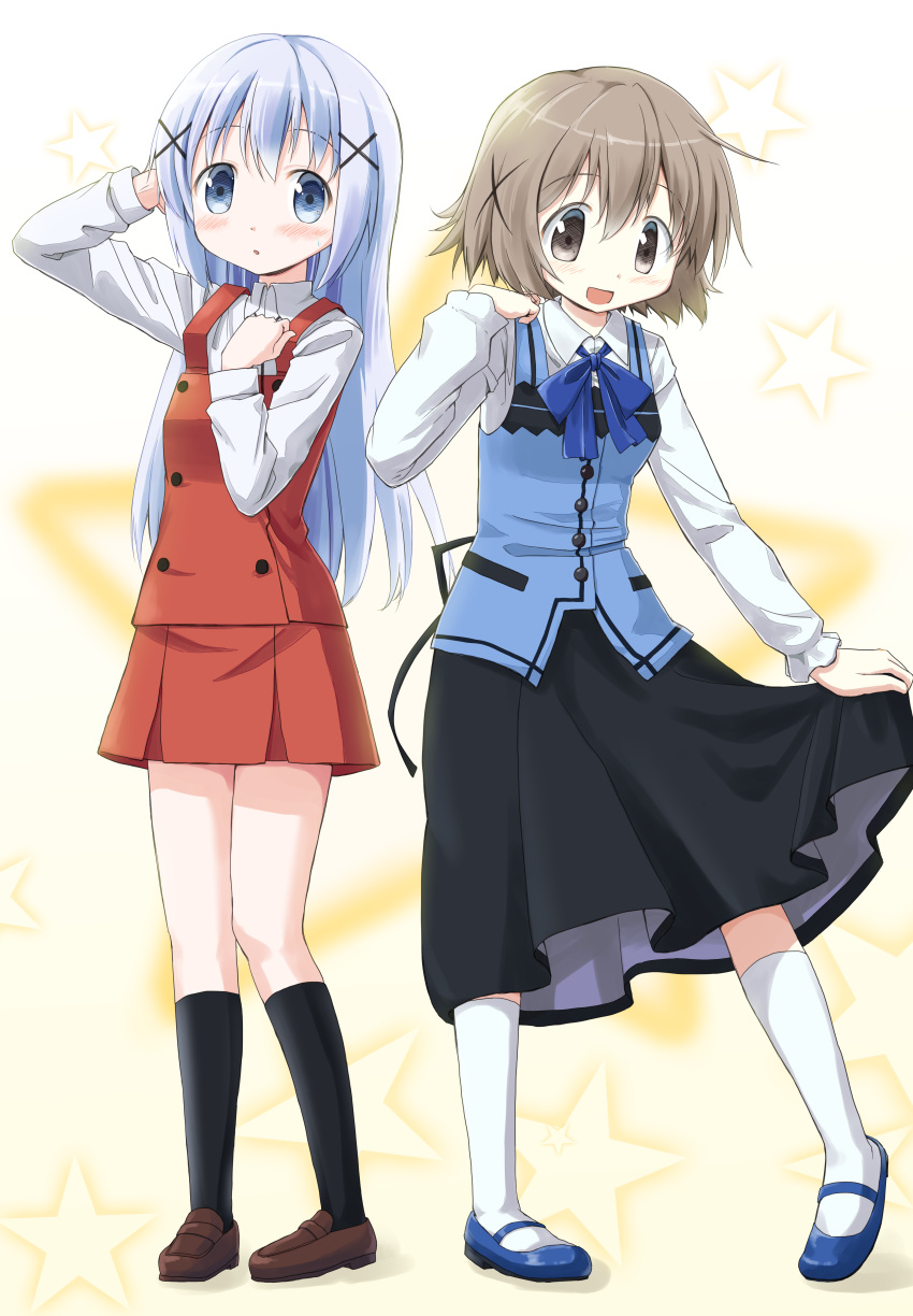 2girls :d :o absurdres arm_up bad_id bad_pixiv_id black_legwear black_skirt blue_footwear blue_hair blue_vest blush brown_footwear commentary_request company_connection cosplay costume_switch crossover full_body gochuumon_wa_usagi_desu_ka? gradient_background hair_ornament hand_up hidamari_sketch highres kafuu_chino kafuu_chino_(cosplay) light_blue_hair light_brown_hair long_hair looking_at_viewer looking_down manga_time_kirara multiple_girls open_mouth percy_pyl rabbit_house_uniform red_skirt school_uniform shirt shoes short_hair skirt smile socks standing star_(symbol) vest white_legwear white_shirt x_hair_ornament yamabuki_high_school_uniform yuno_(hidamari_sketch) yuno_(hidamari_sketch)_(cosplay)