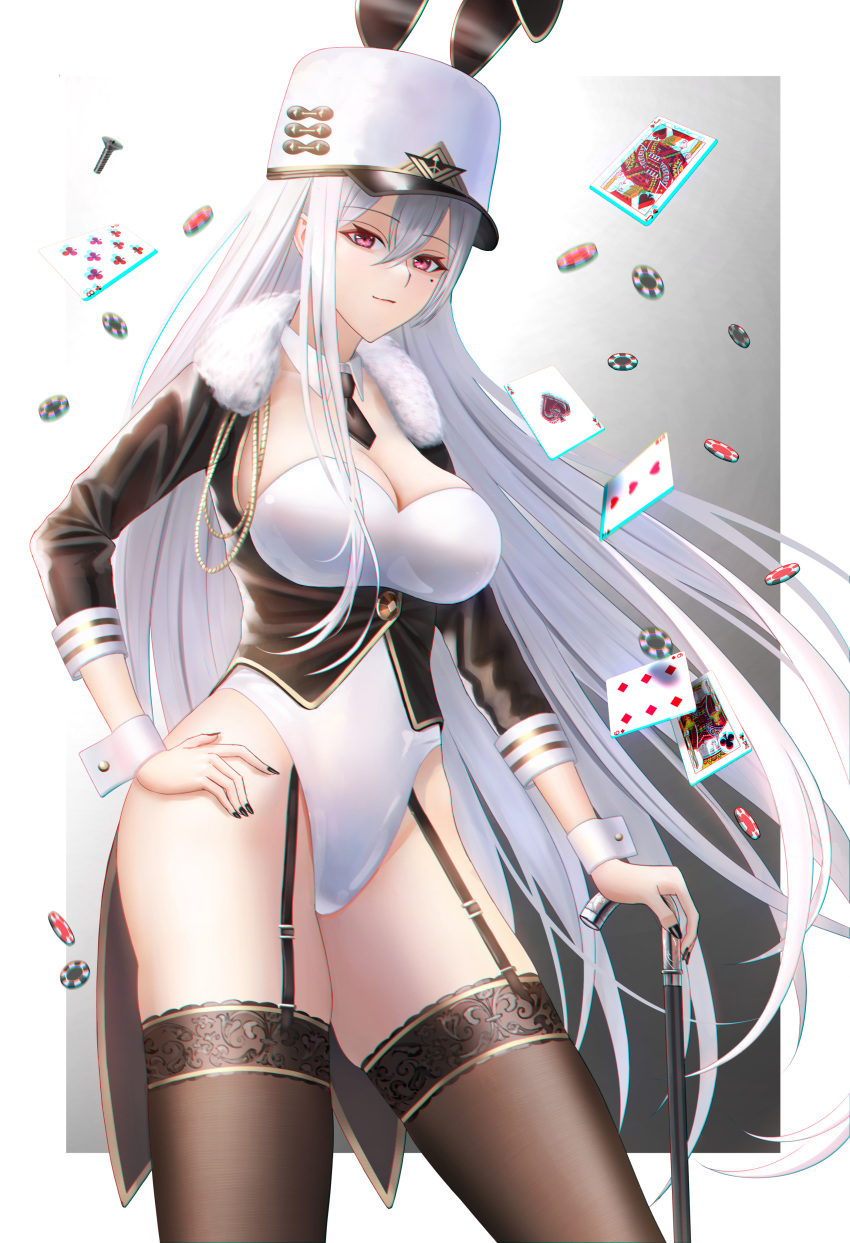 absurdres ace_(playing_card) ace_of_spades animal_ears azur_lane black_jacket black_nails black_necktie blush breasts cane card cleavage commentary_request detached_collar fake_animal_ears female fur-trimmed_jacket fur_trim garter_belt gradient_background hair_between_eyes hand_on_own_hip hat highleg highleg_leotard highres holding jack_(playing_card) jack_of_spades jacket large_breasts leotard long_hair looking_at_viewer military_hat mole mole_under_eye necktie playboy_bunny playing_card poker_chip rabbit_ears red_eyes screw smile solo sovetskaya_rossiya_(azur_lane) spade_(shape) thighhighs thighs very_long_hair white_hair white_hat you_(yoyou)