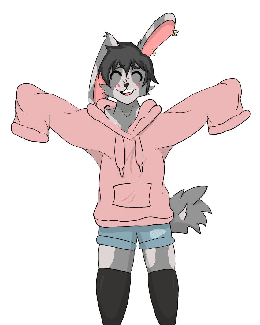 4:5 absurd_res alpha_channel anthro black_clothing black_hair black_legwear black_thigh_highs blush bottomwear cheek_tuft closed_eyes clothing ear_piercing facial_tuft femboy first_person_view fluffy fluffy_tail fur graybie_the_bun grey_body grey_fur grey_tail hair hi_res hoodie hotpants hug lagomorph legwear leporid male mammal multicolored_body multicolored_fur one_ear_up oversized_clothing piercing pink_clothing pink_hoodie pink_topwear rabbit shorts simple_background smile solo spread_arms tail thigh_highs topwear transparent_background tuft yeetboi420z