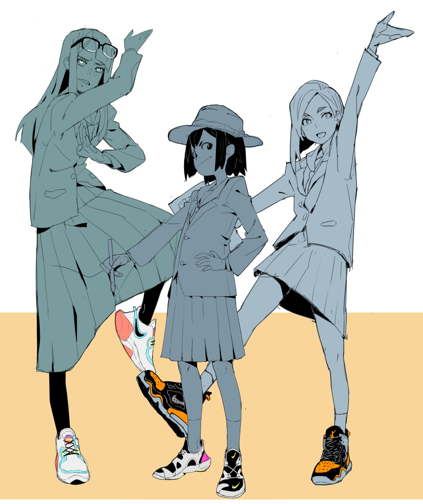 3girls absurdres arm_up asakusa_midori black_legwear blazer bob_cut commentary eizouken_ni_wa_te_wo_dasu_na! eyewear_on_head freckles glasses hat highres inverted_bob jacket kanamori_sayaka limited_palette makai mizusaki_tsubame multiple_girls necktie open_mouth pantyhose pencil photoshop_(medium) pleated_skirt pose school_uniform shoes skirt smile sneakers standing standing_on_one_leg