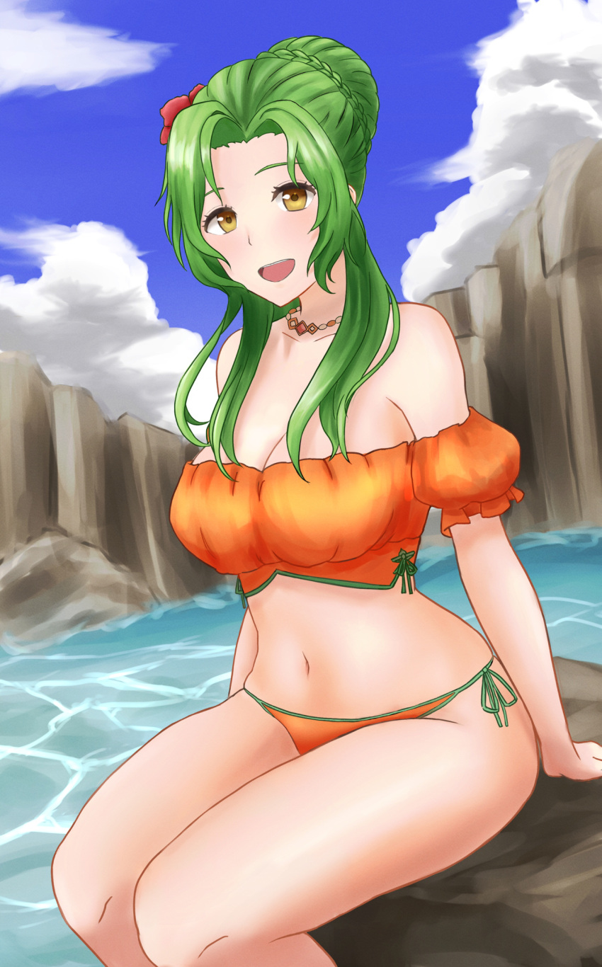 :d absurdres bad_id bad_pixiv_id bare_shoulders bikini blue_sky braid braided_bun breasts cleavage cloud day elincia_ridell_crimea elincia_ridell_crimea_(summer) fee_(oskna1) feet_out_of_frame female fire_emblem fire_emblem:_radiant_dawn flower green_hair hair_bun hair_flower hair_ornament highres large_breasts long_hair looking_at_viewer navel off-shoulder_bikini off_shoulder official_alternate_costume open_mouth orange_bikini puffy_short_sleeves puffy_sleeves red_flower rock short_sleeves side-tie_bikini_bottom single_hair_bun sitting sky smile solo stomach swimsuit thighs water yellow_eyes