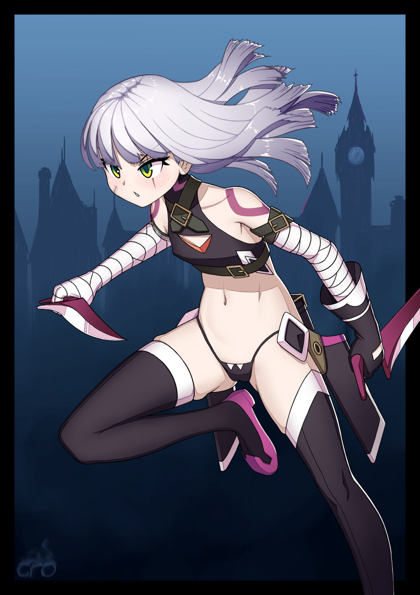 absurdres alternate_hair_length alternate_hairstyle ass_visible_through_thighs bad_id bad_twitter_id bandaged_arm bandages bare_shoulders belt black_belt black_panties black_thighhighs boots cromachina crop_top dagger dual_wielding elizabeth_tower fate/apocrypha fate_(series) female green_eyes grey_hair highleg highleg_panties highres holding jack_the_ripper_(fate/apocrypha) knife long_hair looking_at_viewer navel panties parted_lips pouch scar scar_across_eye scar_on_cheek scar_on_face sheath solo string_panties tattoo thigh_boots thighhighs underwear weapon