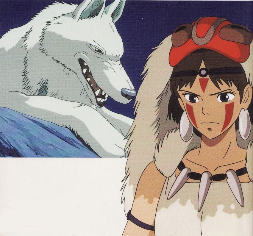 brown_hair canid canine canis duo fangs female feral fur ghibli hair hi_res human mammal mononoke_hime mouth_closed official_art san_(princess_mononoke) teeth white_body white_fur wolf