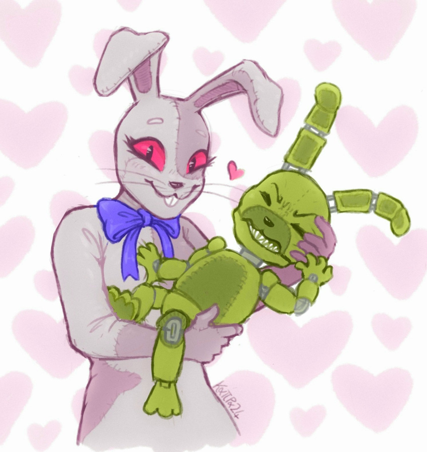 animatronic anthro bow_ribbon duo female five_nights_at_freddy's five_nights_at_freddy's:_security_breach five_nights_at_freddy's_3 green_body heart_background heart_symbol hi_res kaprakaz lagomorph leporid looking_at_viewer machine male mammal rabbit red_eyes robot scottgames simple_background size_difference springtrap_(fnaf) steel_wool_studios stitch_(sewing) vanny_(fnaf) white_body