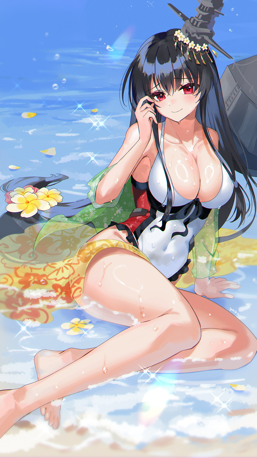 absurdres beach black_hair blush breasts casual_one-piece_swimsuit cleavage collarbone covered_navel day female floral_print frilled_one-piece_swimsuit frills fusou_(swimsuit_mode)_(kancolle) hair_ornament headgear highres kantai_collection large_breasts long_hair looking_at_viewer one-piece_swimsuit outdoors pagoda red_eyes red_one-piece_swimsuit sand sarong sitting smile solo swimsuit two-tone_swimsuit water white_one-piece_swimsuit yasaikakiage