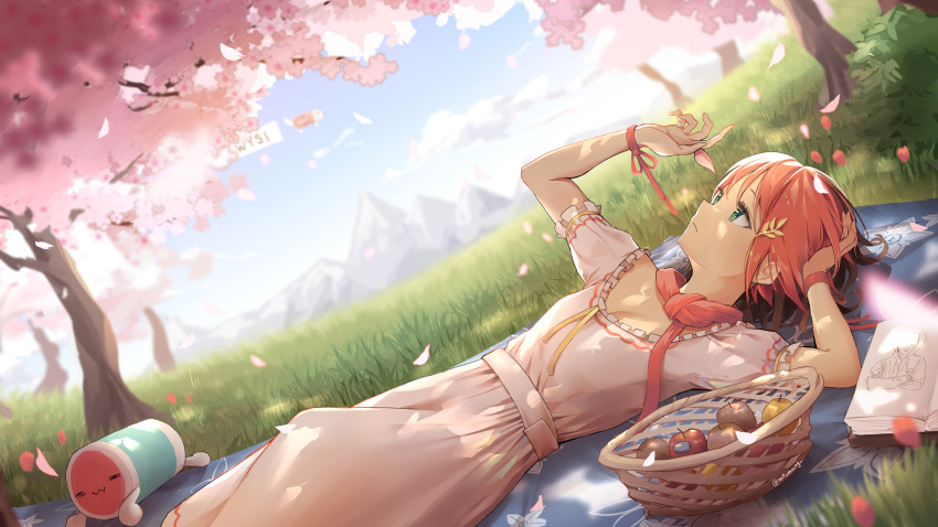 apple basket blue_sky breasts cherry_blossoms day dress drum dutch_angle female floral_print food fruit grass green_eyes hair_ornament highres instrument mountainous_horizon osu! outdoors petals pink_dress pippi_(osu!) red_hair red_ribbon ribbon short_hair short_sleeves sketchbook sky small_breasts taiko_drum taiko_no_tatsujin tofumang tree twitter_username uwu wada_don wrist_ribbon