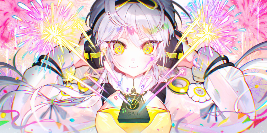 absurdres ailis_(anilive) beamed_eighth_notes black_headphones breasts chromatic_aberration closed_mouth commentary confetti dot_nose dress eighth_note english_commentary eyelashes female fireworks goggles goggles_on_head headphones highres holding holding_headphones izumo_lab large_breasts logo looking_at_viewer musical_note pawwao see-through see-through_sleeves smile solo streamers treble_clef white_hair yellow_dress yellow_eyes