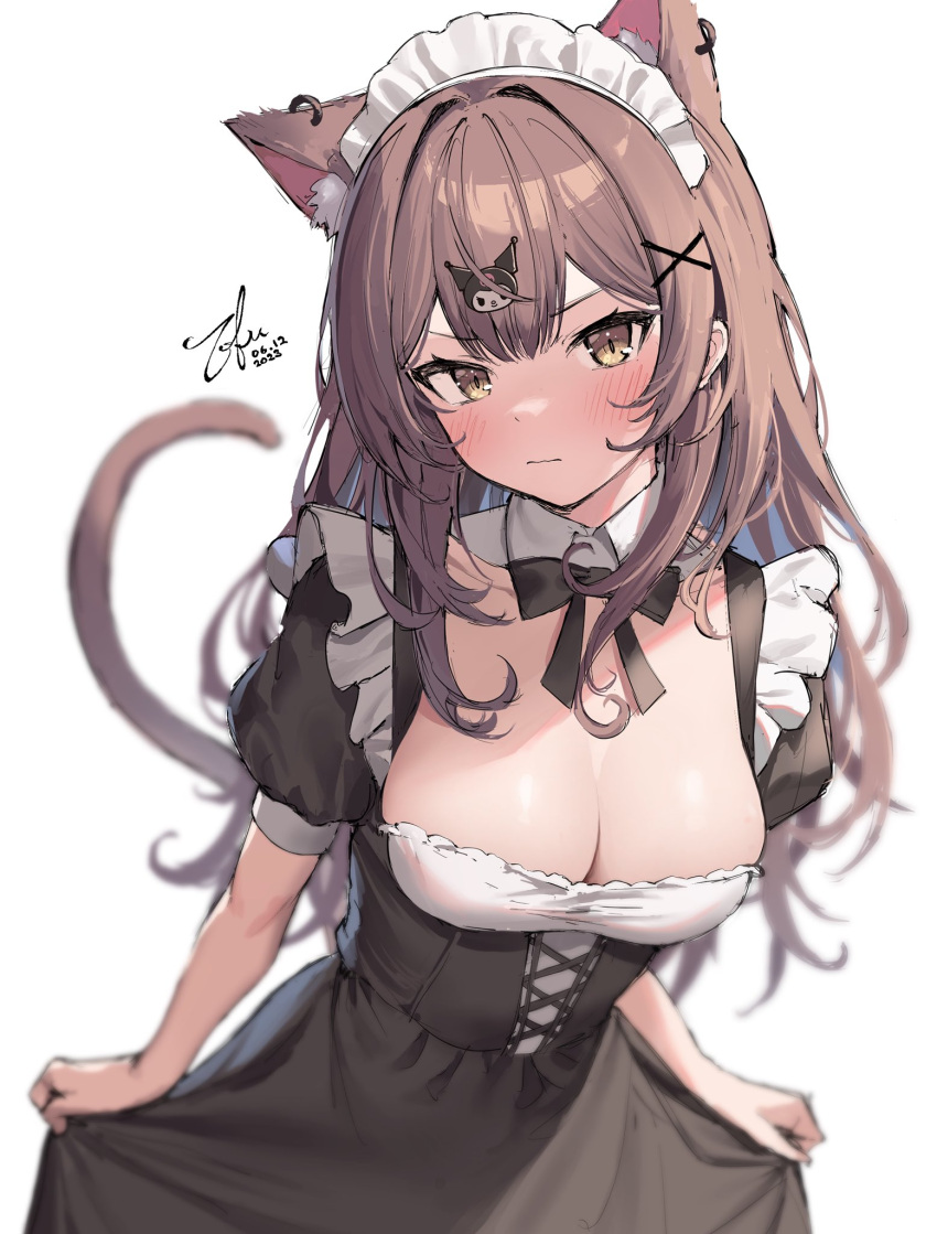 animal_ears black_bow black_bowtie black_dress bow bowtie breasts brown_eyes brown_hair cat_ears cat_girl cat_tail character_hair_ornament cleavage commentary cowboy_shot dated detached_collar double-parted_bangs dress enoki_(vtuber) enoki_(vtuber)_(old_design) female grey_background hair_ornament hashtag-only_commentary highres indie_virtual_youtuber kuromi light_frown looking_at_viewer low_neckline maid maid_headdress medium_breasts onegai_my_melody sanrio sidelocks signature simple_background skirt_hold solo tail tofumang virtual_youtuber x_hair_ornament