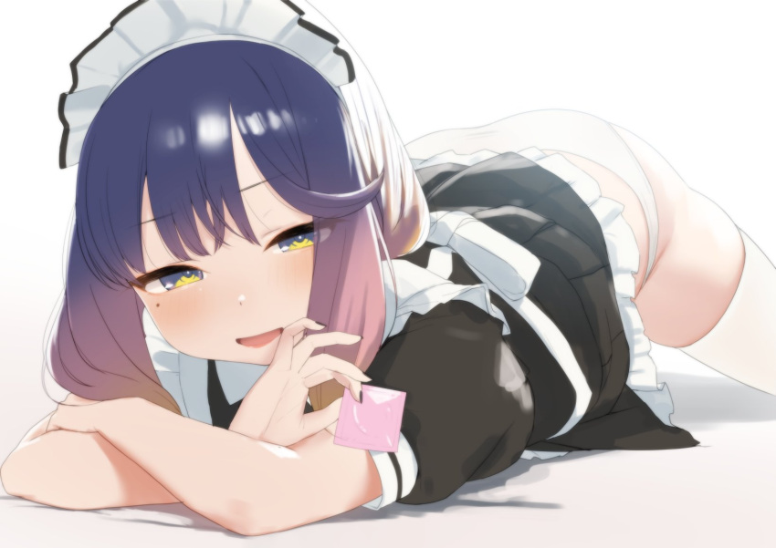 alternate_costume ass black_dress black_nails blush commentary_request condom crossed_arms dress enmaided feet_out_of_frame female frilled_dress frills gradient_hair highres holding holding_condom kantai_collection looking_at_viewer lying maid maid_headdress mole mole_under_eye multicolored_hair nail_polish open_mouth orange_hair panties purple_hair sakieko short_sleeves simple_background solo thighhighs tsushima_(kancolle) underwear white_background white_panties white_thighhighs yellow_eyes