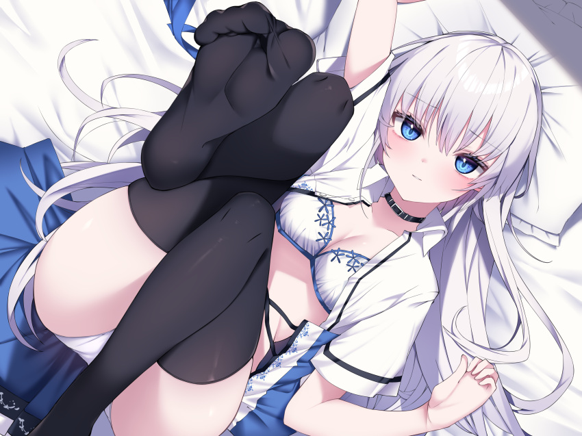 absurdres ass bed_sheet black_choker black_thighhighs blue_eyes blue_skirt blush bra choker closed_mouth clothes_lift collared_shirt feet female haruyuki_(yukichasoba) highres long_hair looking_at_viewer lying non-web_source on_back on_bed open_clothes open_shirt original panties school_uniform shirt short_sleeves skirt skirt_lift soles solo thighhighs thighs toes underwear white_bra white_hair white_panties white_shirt