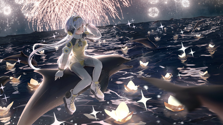 :d absurdres ahoge ailis_(anilive) blush boots commentary dolphin english_commentary female fireworks full_body goggles goggles_on_head highres izumo_lab leotard night night_sky open_mouth pants see-through see-through_sleeves shoelaces sitting sky smile solo sparkle twintails water white_footwear white_hair white_pants yellow_eyes yellow_leotard yukai_nao zipper_pull_tab