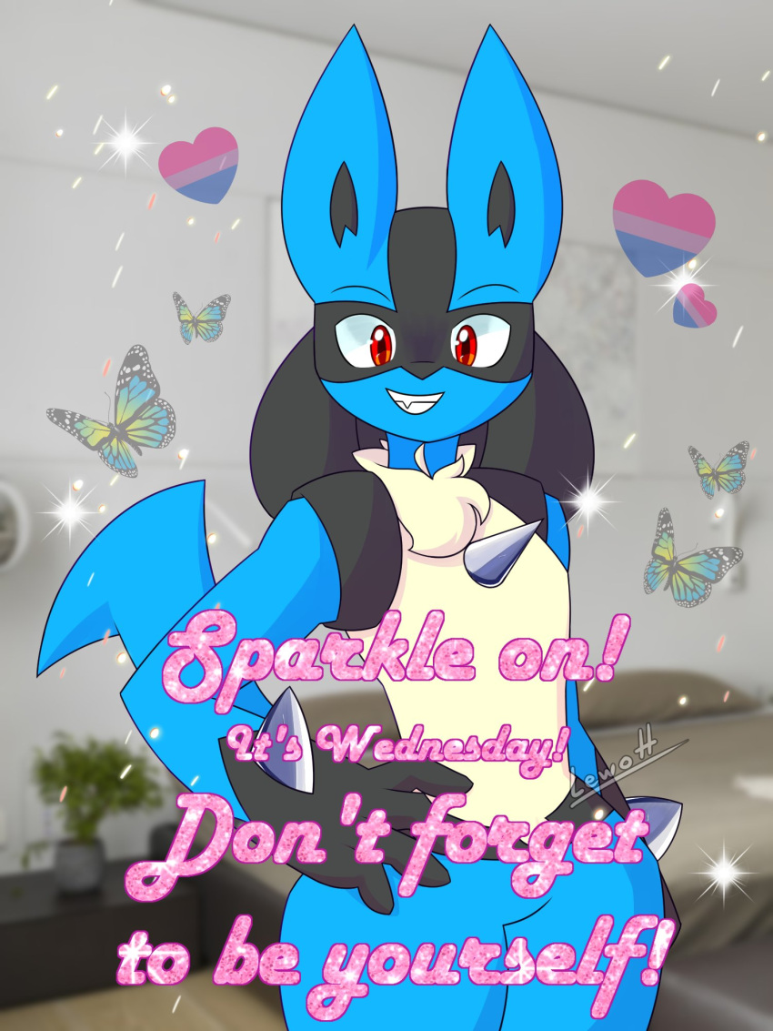 ambiguous_gender anthro arthropod bisexual_pride_colors butterfly chest_spike generation_4_pokemon hand_on_hip hand_spike heart_symbol hi_res insects jeremy_harrington jerma985 lepidopteran lewott lgbt_pride lucario meme nintendo pokemon pokemon_(species) pride_colors red_eyes smile solo spikes spikes_(anatomy) thick_thighs