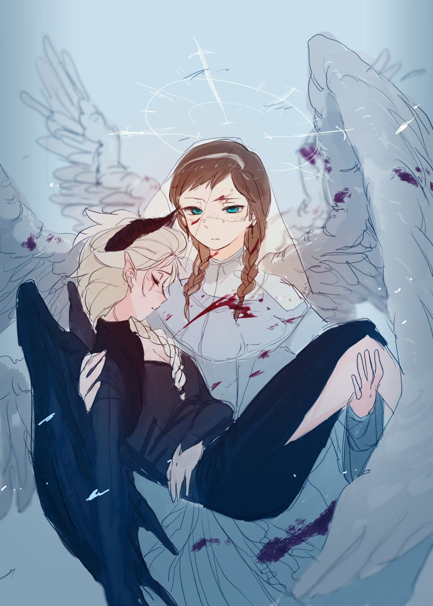 2girls absurdres angel_wings anna_(frozen) black_dress blonde_hair blood blood_on_clothes blood_on_face blue_sky braid brown_hair carrying closed_eyes closed_mouth commentary_request dress elsa_(frozen) feathered_wings frozen_(disney) frozen_1022 halo highres korean_commentary long_hair looking_at_viewer multiple_girls outdoors princess_carry single_braid sky twin_braids white_dress wings