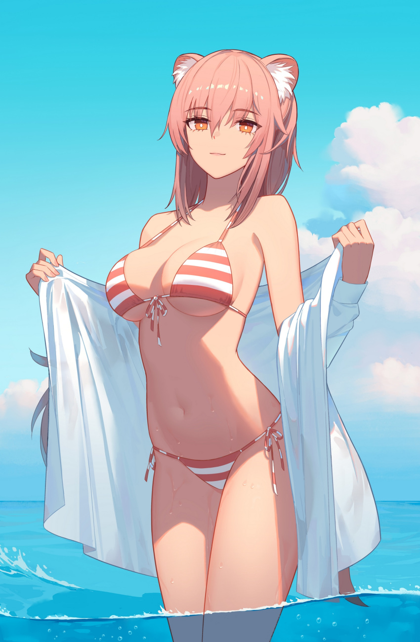 absurdres animal_ear_fluff animal_ears arknights bare_shoulders bikini blue_sky breasts cleavage cloud cloudy_sky commentary cowboy_shot day dhsl female front-tie_bikini_top front-tie_top gravel_(arknights) hair_between_eyes highres horizon jacket large_breasts long_sleeves looking_at_viewer medium_hair ocean open_clothes pink_hair red_bikini revision side-tie_bikini_bottom sky smile solo striped_bikini striped_clothes swimsuit symbol-only_commentary tail wading water