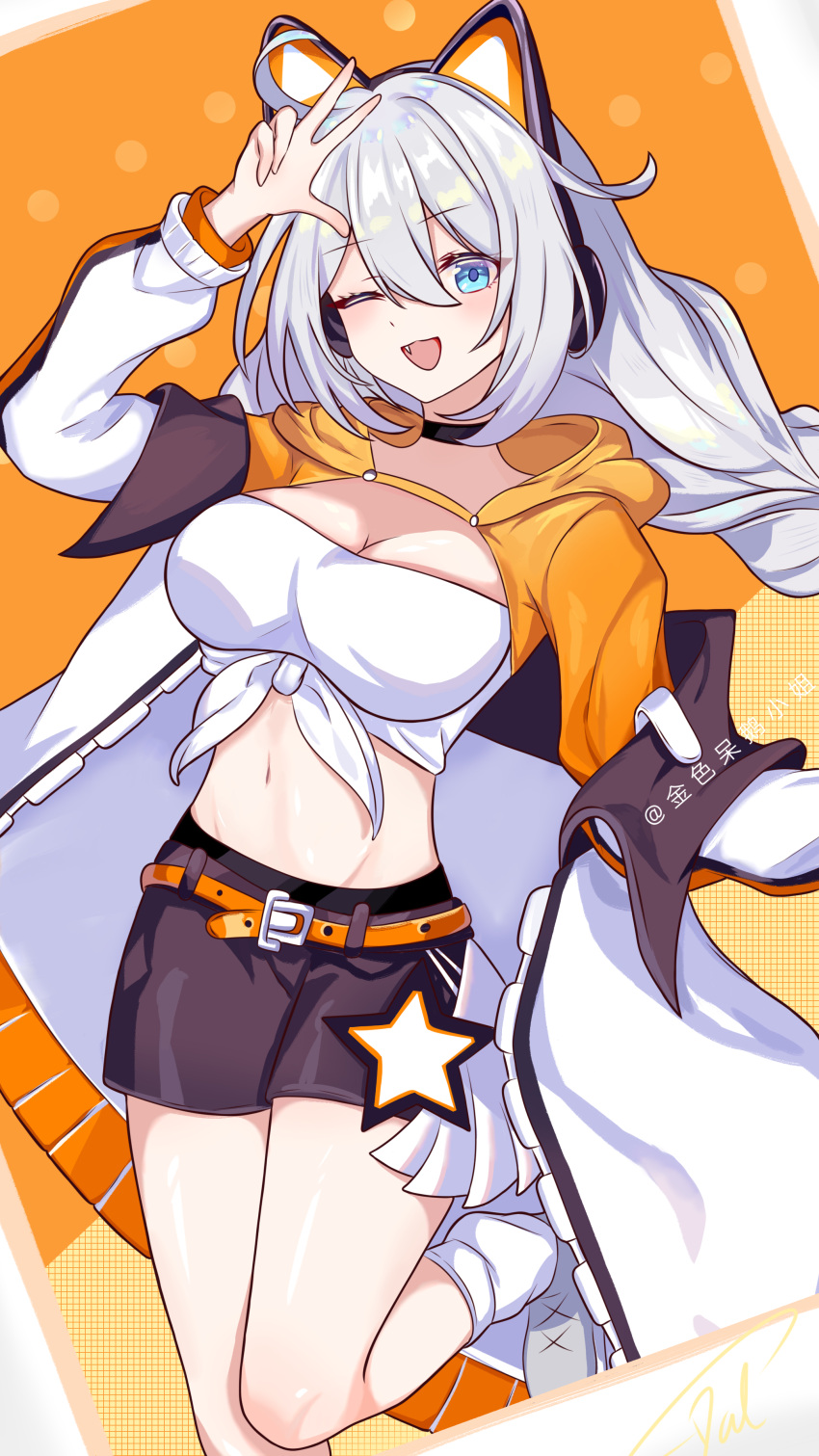 absurdres alternate_breast_size animal_ears bare_legs black_choker black_jacket black_skirt blue_eyes breasts cat_ears choker cleavage cowboy_shot fake_animal_ears female hair_between_eyes highres honkai_(series) honkai_impact_3rd jacket kiana_kaslana kiana_kaslana_(coco) leg_up long_braid long_hair midriff miniskirt missdal navel one_eye_closed open_clothes open_jacket open_mouth orange_background skirt socks tank_top tied_tank_top w white_hair white_socks