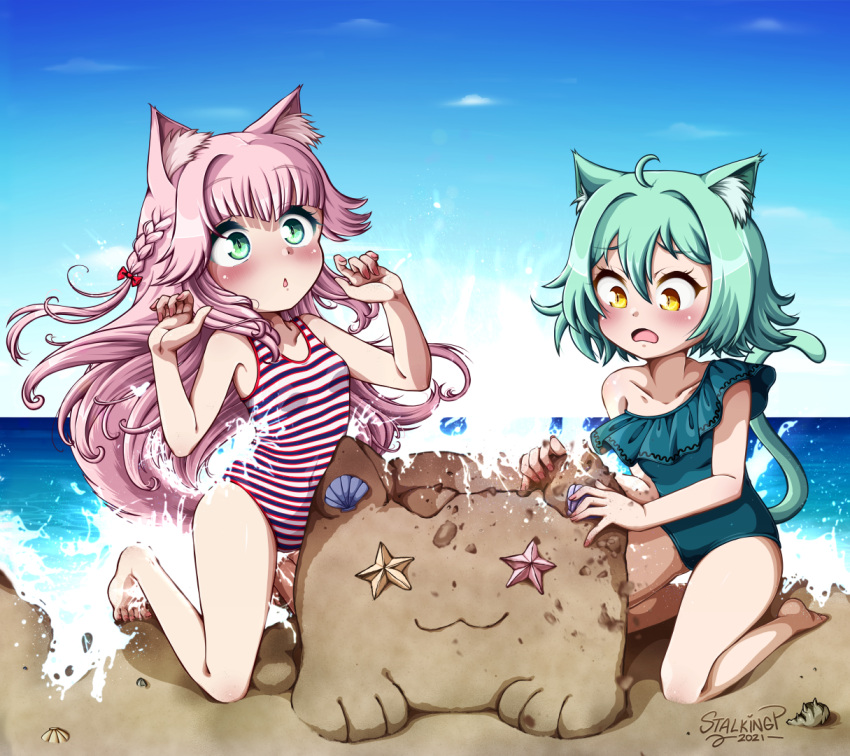 2021 2girls :3 ahoge alternate_costume animal_ear_fluff animal_ears artist_name bare_arms bare_legs barefoot beach blue_sky blush braid breasts cacao_(nekopara) cat_ears cat_girl cat_tail chestnut_mouth commentary_request commission curly_hair d: dated day eyelashes fingernails floating_hair fraise_(nekopara) frilled_one-piece_swimsuit frills frown full_body green_eyes green_one-piece_swimsuit hair_between_eyes hands_up kneeling long_hair looking_afar looking_down multiple_girls nekopara ocean one-piece_swimsuit open_mouth outdoors pink_hair raised_eyebrows sand_sculpture shell short_hair single_braid sky slit_pupils small_breasts stalkingp starfish strap_slip striped_clothes striped_one-piece_swimsuit surprised swimsuit tail tail_raised tareme tiptoes very_long_hair wide-eyed yellow_eyes