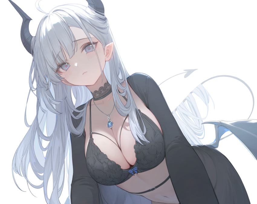 ahoge belt black_belt black_bra black_choker black_horns black_panties black_shirt black_tail black_wings blue_gemstone bow bow_bra bra breasts choker cleavage closed_mouth demon_girl demon_horns demon_tail demon_wings female frown gem grey_eyes hair_on_horn horns jewelry lace-trimmed_choker lace_trim large_breasts leaning_forward leaning_to_the_side light_blush long_hair long_sleeves looking_at_viewer navel necklace nekojira open_clothes open_shirt original panties pendant pointy_ears raised_eyebrows revision see-through shirt sidelocks simple_background solo stomach tail thea_(nekojira) underwear white_background white_hair wings