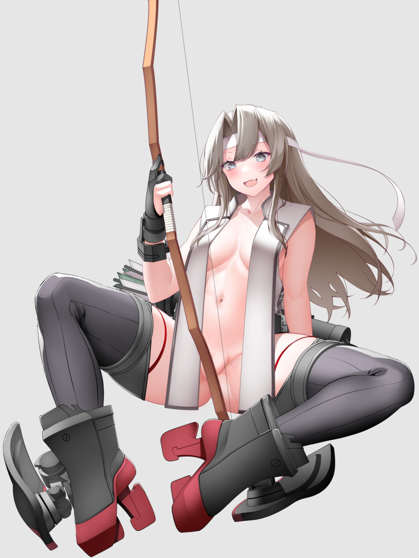 absurdres arrow_(projectile) black_gloves boots bow_(weapon) breasts convenient_censoring female gloves green_eyes grey_hair hachimaki hair_between_eyes headband highres holding holding_bow_(weapon) holding_weapon kantai_collection kirigakure_(kirigakure_tantei_jimusho) long_hair looking_at_viewer medium_breasts navel oerba_yun_fang partially_fingerless_gloves quiver rudder_footwear sitting skin_fang solo spread_legs thigh_boots very_long_hair weapon white_headband yumi_(bow) zuikaku_(kancolle) zuikaku_kai_ni_(decisive_battle)_(kancolle) zuikaku_kai_ni_(kancolle)