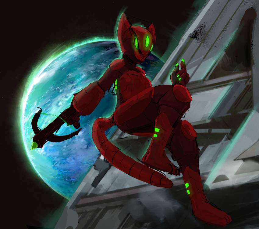 absurd_res anthro armor avocado_(mythrava) bent crossbow energy felid feline female green_eyes hi_res holding_object inside long_tail mammal mythrava ranged ranged_weapon red_armor solo space tail tajaran weapon