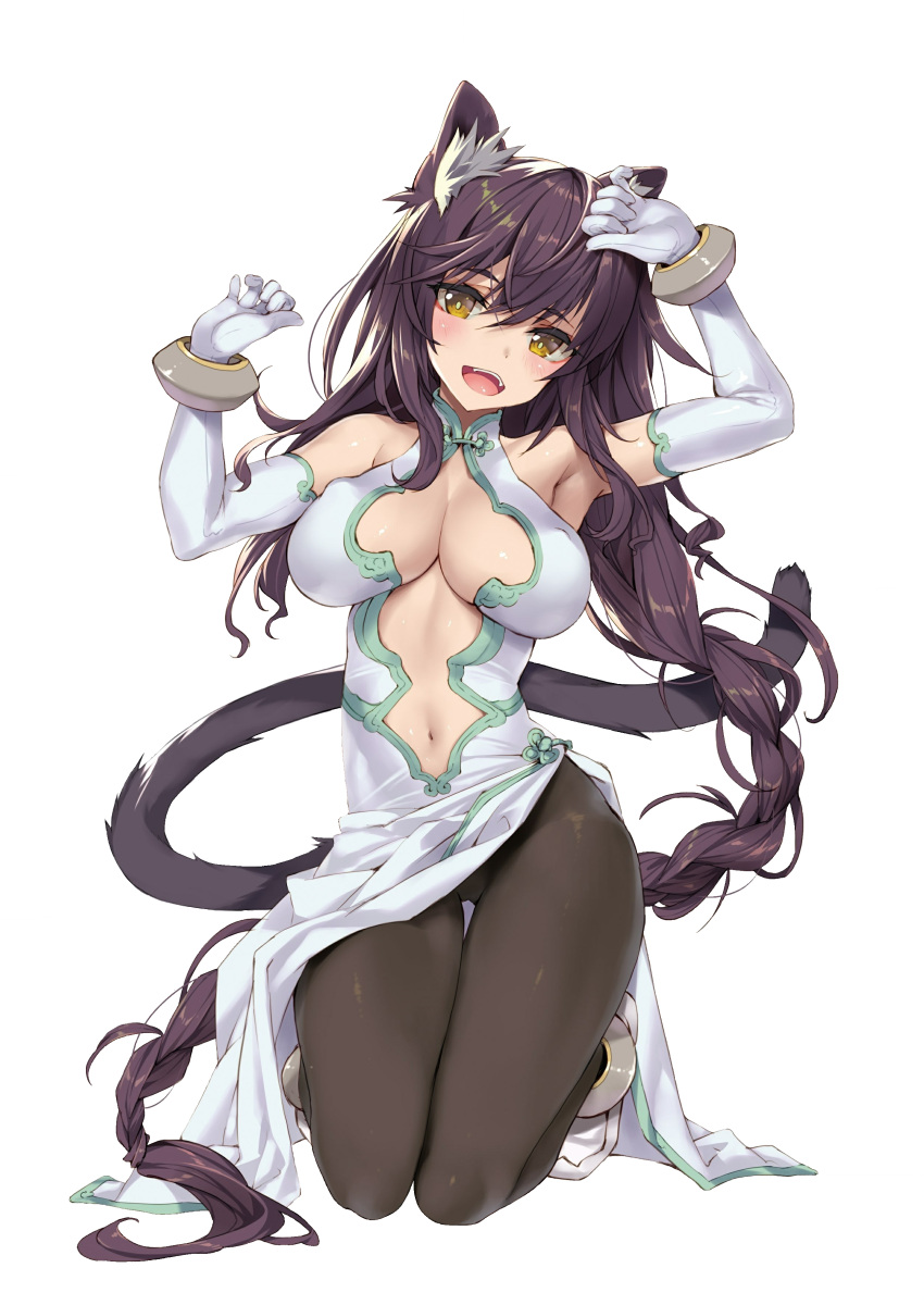 :d absurdres animal_ear_fluff animal_ears armpits arms_up bare_shoulders black_pantyhose blush boots bracelet braid breasts bright_pupils center_opening cleavage dress duplicate elbow_gloves fangs female full_body gloves highres isekai_maou_to_shoukan_shoujo_no_dorei_majutsu jewelry kneeling large_breasts long_hair looking_at_viewer navel open_mouth pantyhose purple_hair side_slit simple_background single_braid smile solo sorami_galleu tail thigh_gap tsurusaki_takahiro very_long_hair white_background white_dress white_gloves yellow_eyes