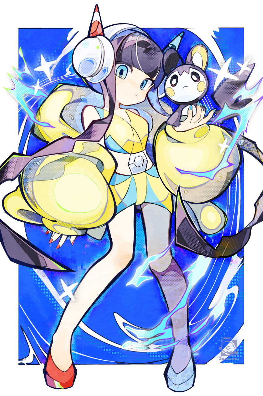 absurdres bike_shorts blue_nails crop_top elesa_(pokemon) female flats highres holding holding_pokemon jacket long_sleeves midriff nail_polish pokemon pokemon_(creature) pokemon_bw2 red_nails sleeveless solo soresaki yellow_jacket zebstrika