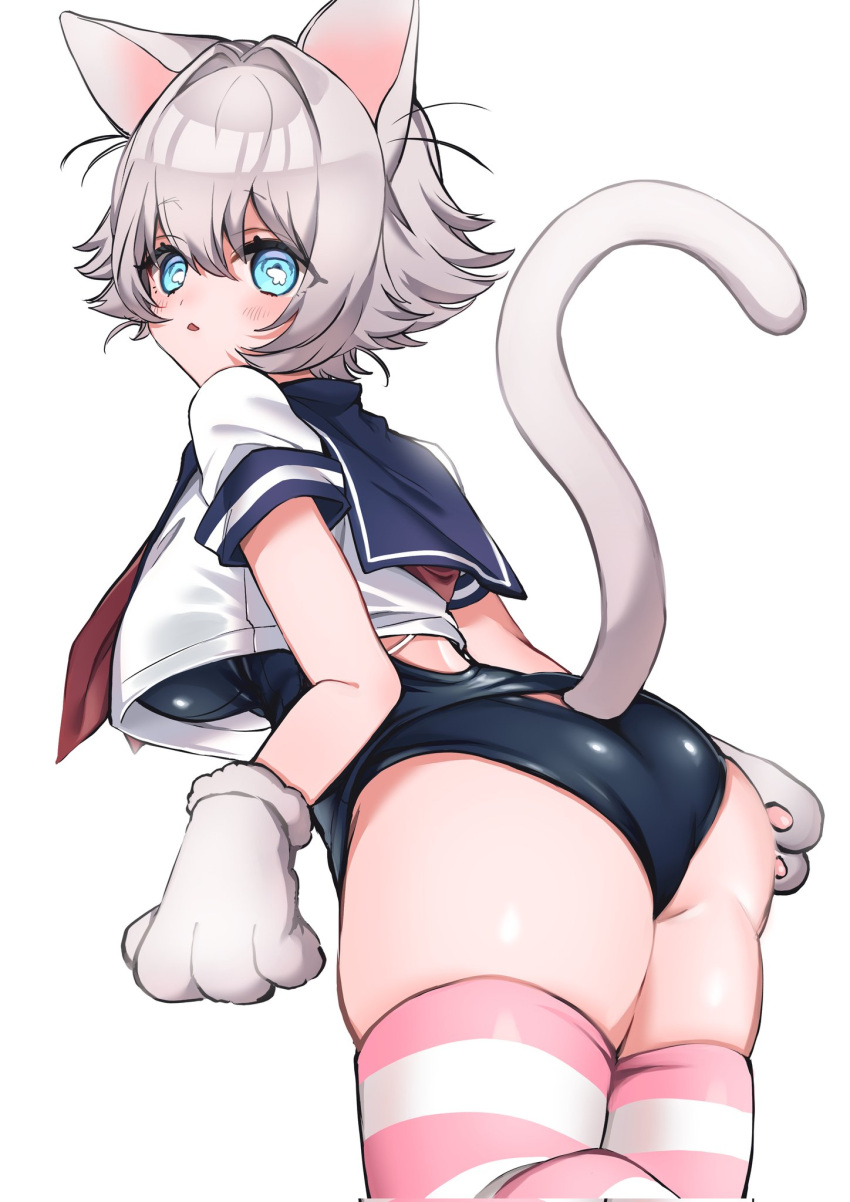 animal_ears animal_hands aqua_eyes ass back_cutout blue_sailor_collar breasts cat_ears cat_paws cat_tail clothing_cutout cowboy_shot female grey_hair hair_intakes highres kimi_no_koto_ga_dai_dai_dai_dai_daisuki_na_100-nin_no_kanojo kngu0511 light_blush looking_back medium_breasts nekonari_tama open_mouth sailor_collar sailor_shirt school_swimsuit shirt short_hair short_sleeves striped_clothes striped_thighhighs swimsuit tail thighhighs white_background