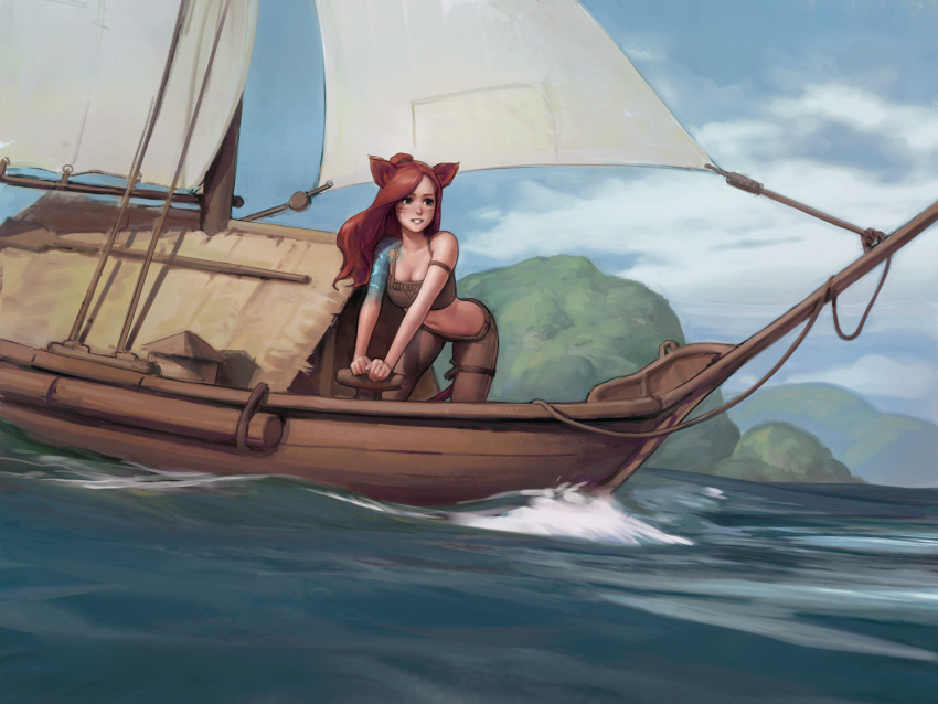 absurdres animal_ears blue_eyes boat borrowed_character breasts cat_ears cleavage commentary commission english_commentary facial_mark female final_fantasy final_fantasy_xiv grin highres i0525 leaning_forward medium_breasts midriff miqo'te ocean one_side_up pants parted_bangs red_hair sailing smile solo tattoo warrior_of_light_(ff14) watercraft whisker_markings