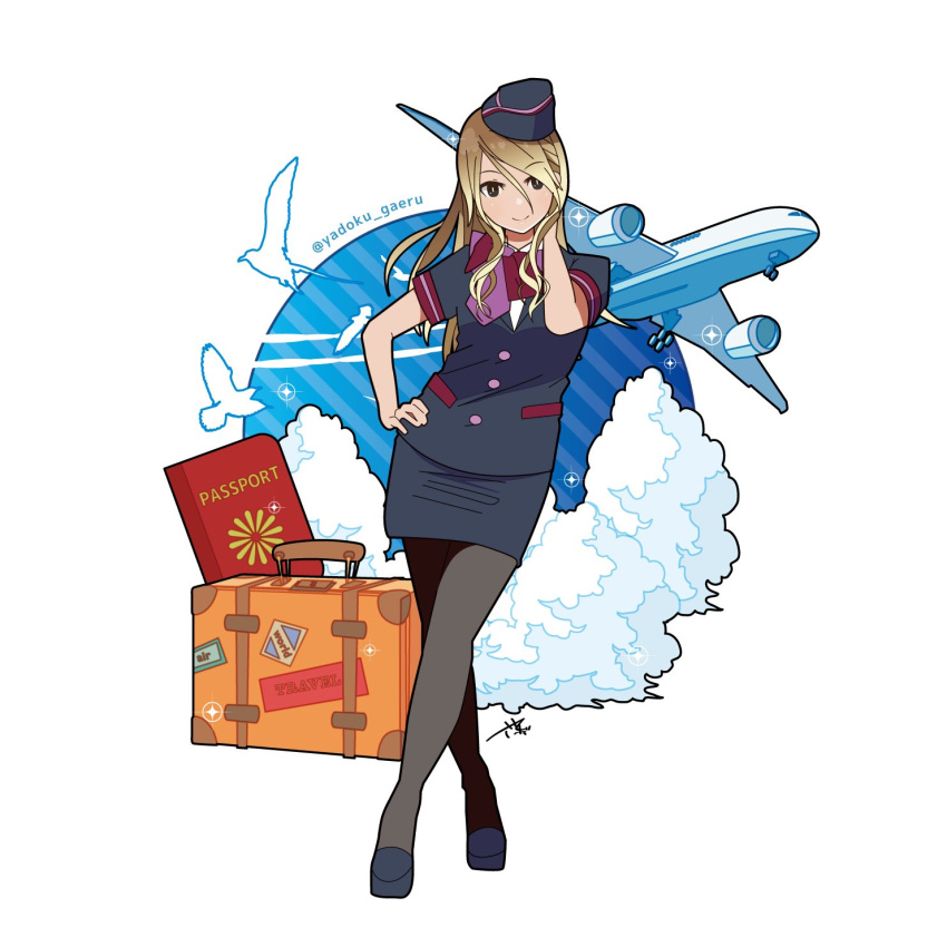 aircraft airplane artist_name bird blonde_hair brown_eyes brown_hair buttons cloud commentary_request crossed_legs dress_shirt female flight_attendant garrison_cap gradient_hair hand_on_own_hip hand_on_own_neck hat high_heels highres idolmaster idolmaster_shiny_colors izumi_mei long_hair looking_at_viewer multicolored_hair neck_ribbon pantyhose passport pencil_skirt ribbon shirt signature skirt smile solo standing suitcase tan travel_attendant twitter_username yadokugaeru