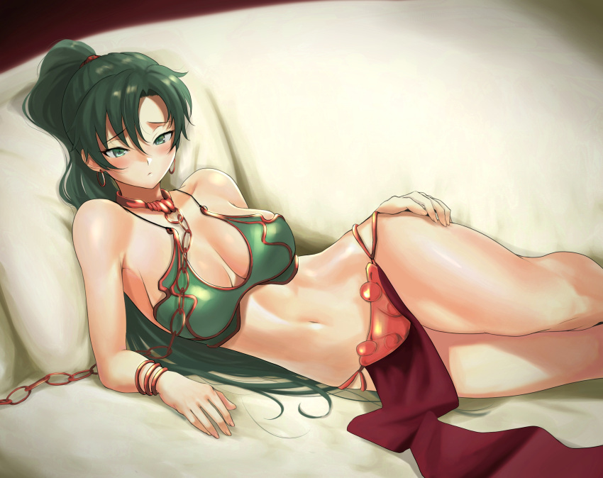 anagumasan armlet armor bikini blush breasts chains cleavage commentary cosplay earrings english_commentary female fire_emblem fire_emblem:_the_blazing_blade green_eyes green_hair high_ponytail highres jewelry large_breasts long_hair looking_at_viewer lyn_(fire_emblem) medium_breasts navel pelvic_curtain ponytail princess_leia_organa_solo princess_leia_organa_solo_(cosplay) simple_background slave smile solo star_wars star_wars:_return_of_the_jedi swimsuit very_long_hair