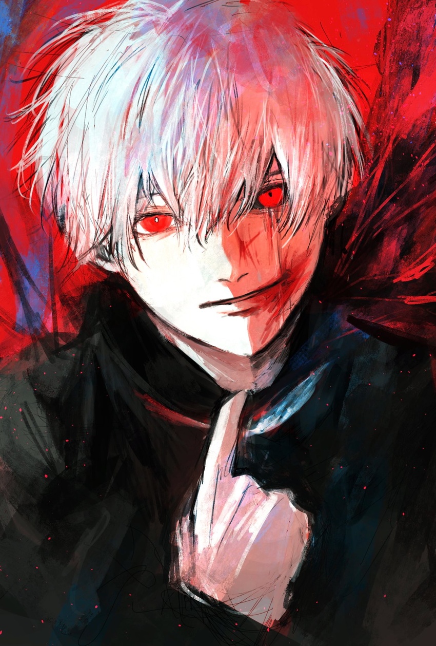 1boy bad_id bad_twitter_id black_sclera blood blood_in_hair blood_on_face bright_pupils clothes_pull colored_sclera hair_between_eyes highres inuo_(inuo_x) kagune_(tokyo_ghoul) kaneki_ken looking_at_viewer male_focus parted_lips red_eyes smile solo tokyo_ghoul white_hair white_pupils