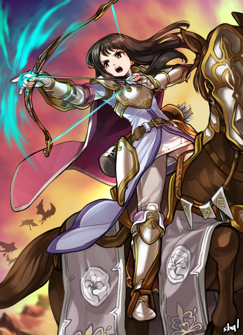 absurdres animal armor armored_boots arrow_(projectile) astrid_(fire_emblem) black_hair boots bow_(weapon) female fire_emblem fire_emblem:_radiant_dawn highres holding holding_bow_(weapon) holding_weapon horse horseback_archery horseback_riding long_hair open_mouth quiver riding sbql_(niaunclefan) shoulder_armor sunset three_quarter_view weapon