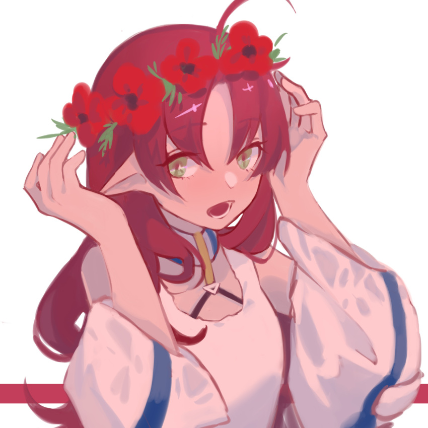 ahoge arknights bare_shoulders chinese_commentary commentary_request female flower green_eyes head_wreath highres long_hair long_sleeves myrtle_(arknights) off_shoulder photoshop_(medium) pointy_ears red_flower red_hair simple_background solo tank_top towne upper_body white_background white_tank_top