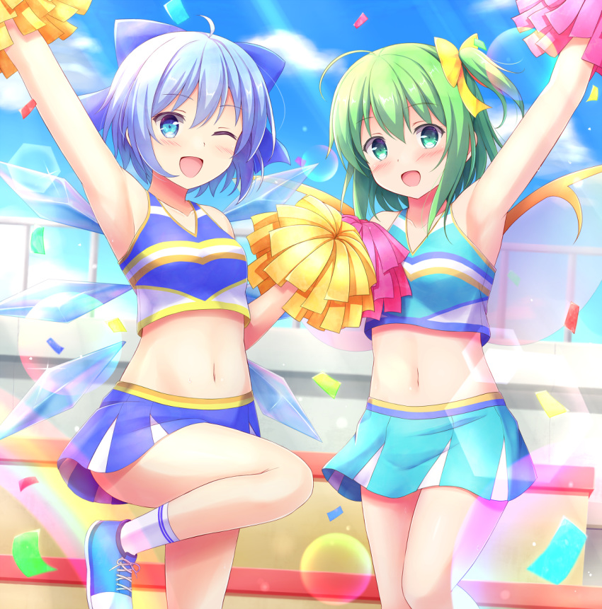 2girls :d ;d ahoge arm_up armpits blue_bow blue_eyes blue_footwear blue_hair blue_skirt blush bow cheerleader cirno commentary_request daiyousei fairy_wings green_eyes green_hair hair_ribbon hairbow highres ice ice_wings looking_at_viewer midriff multiple_girls natsu_(927013) navel one_eye_closed open_mouth pom_pom_(cheerleading) ribbon shoes side_ponytail skirt smile socks standing standing_on_one_leg thighs touhou wings yellow_ribbon