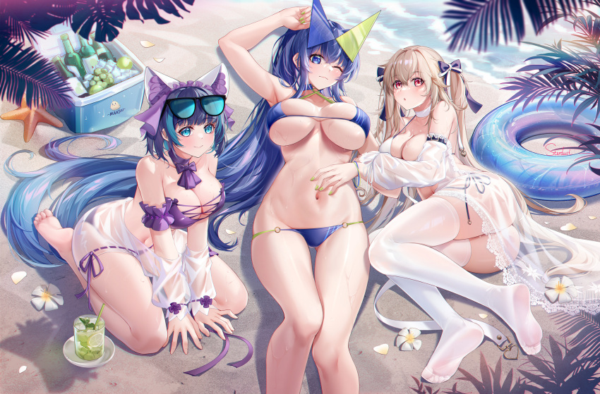 3girls anchorage_(azur_lane) anchorage_(dolphins_and_swim_lessons)_(azur_lane) animal_ears armpits ass azur_lane bare_shoulders beach bikini blonde_hair blue_bikini blue_eyes blue_hair blush breasts cat_ears cheshire_(azur_lane) cheshire_(summery_date!)_(azur_lane) cleavage cooler cup drinking_glass eyewear_on_head feet feet_out_of_frame food fruit hair_between_eyes hair_ornament highres large_breasts legs lime_(fruit) long_hair looking_at_viewer lying mojito multiple_girls navel new_jersey_(azur_lane) new_jersey_(midsummer_leisure)_(azur_lane) no_shoes o-ring official_alternate_costume on_back on_side one_eye_closed outdoors seiza sitting smile soles stardust_(chen'ai_weiding) stomach string_bikini sunglasses swimsuit thighhighs thighs toes twintails very_long_hair white_thighhighs